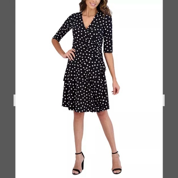 Signature by Robbie Bee Dresses & Skirts - Robbie Bee Women's Polka-Dot Tiered Faux-Wrap Dress in Black/White Size PS